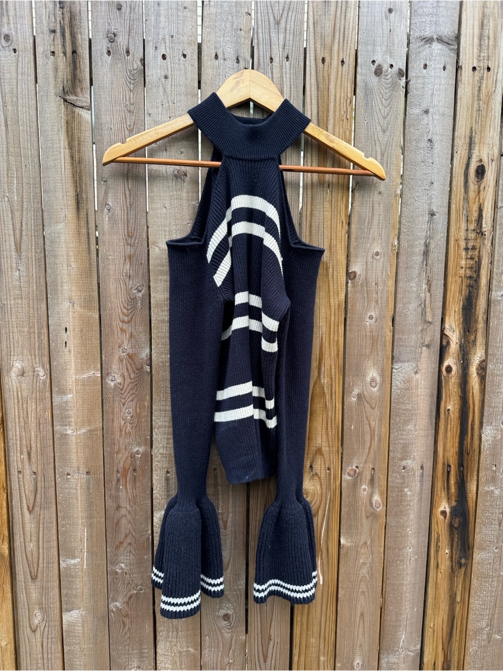 Self-Portrait Navy and Cream Striped Off-Shoulder Rib Knit Sweater - Picture 2 of 8